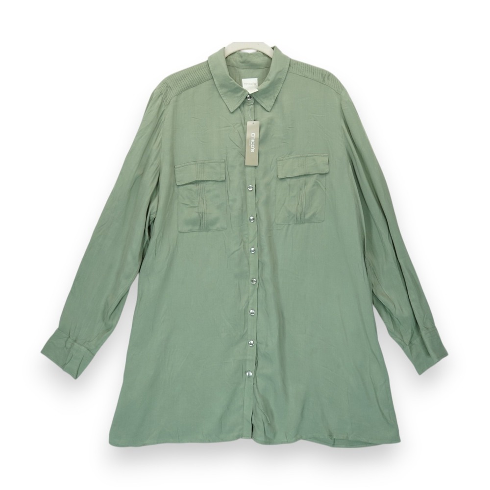 NWT Chico's Women's Roll Tab Sleeve Utility Button Up Shirt Green‎ Sz 2 MSRP $90